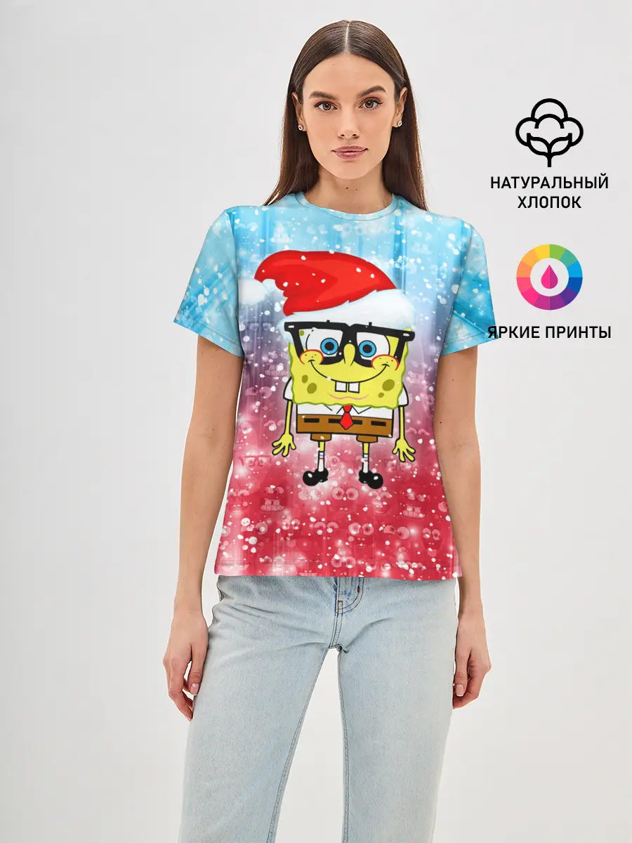 Женская базовая футболка / Новогодний Спанч Боб