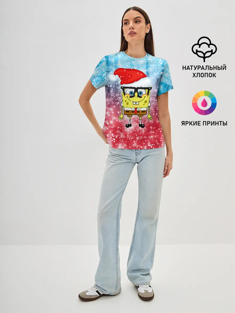 Женская базовая футболка / Новогодний Спанч Боб