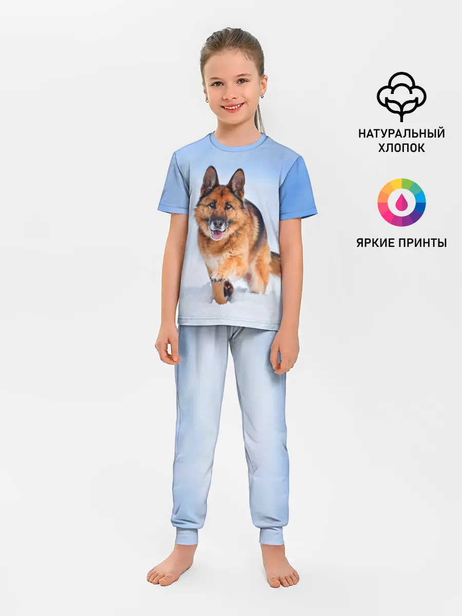 Детская пижама с брюками / Овчарка и снег