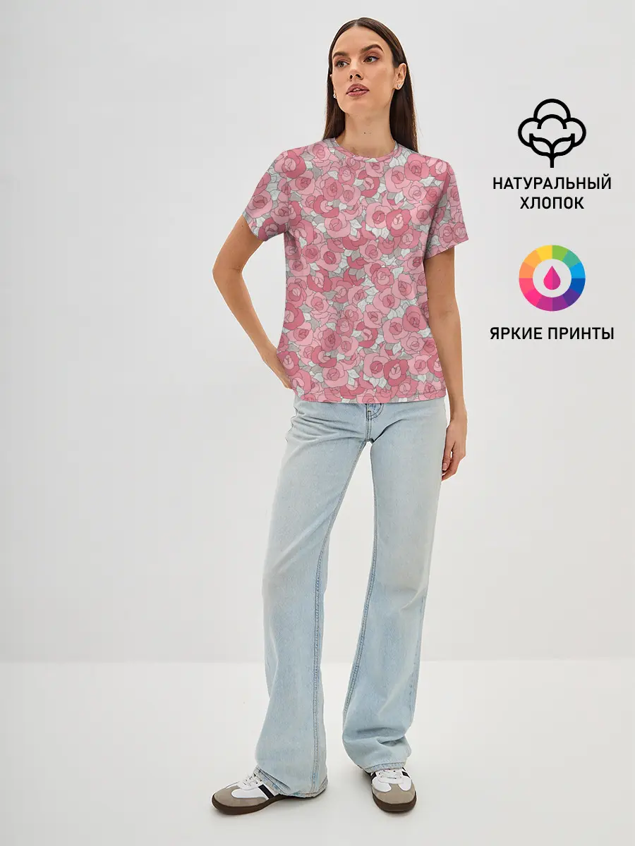 Женская базовая футболка / Нежно коралловые розы