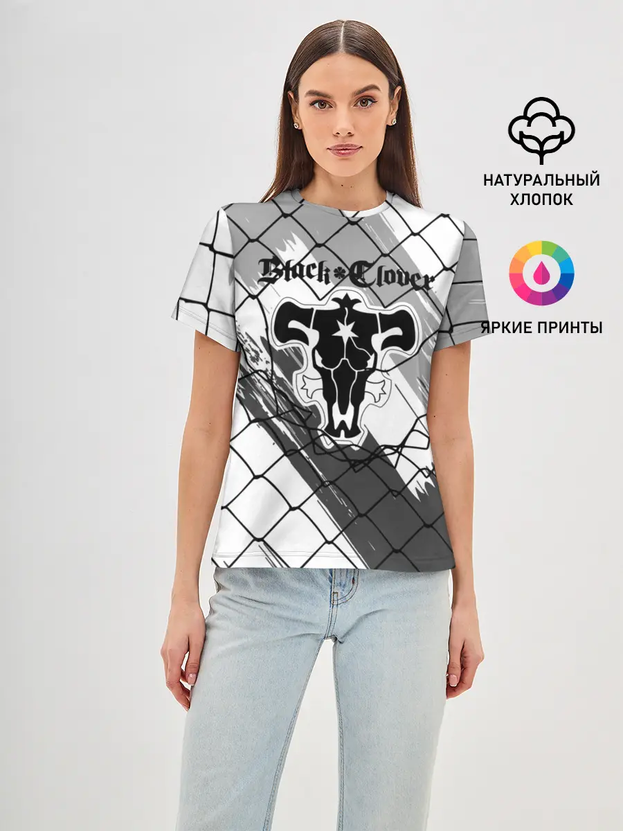 Женская базовая футболка / Чёрный клевер бык за решеткой.