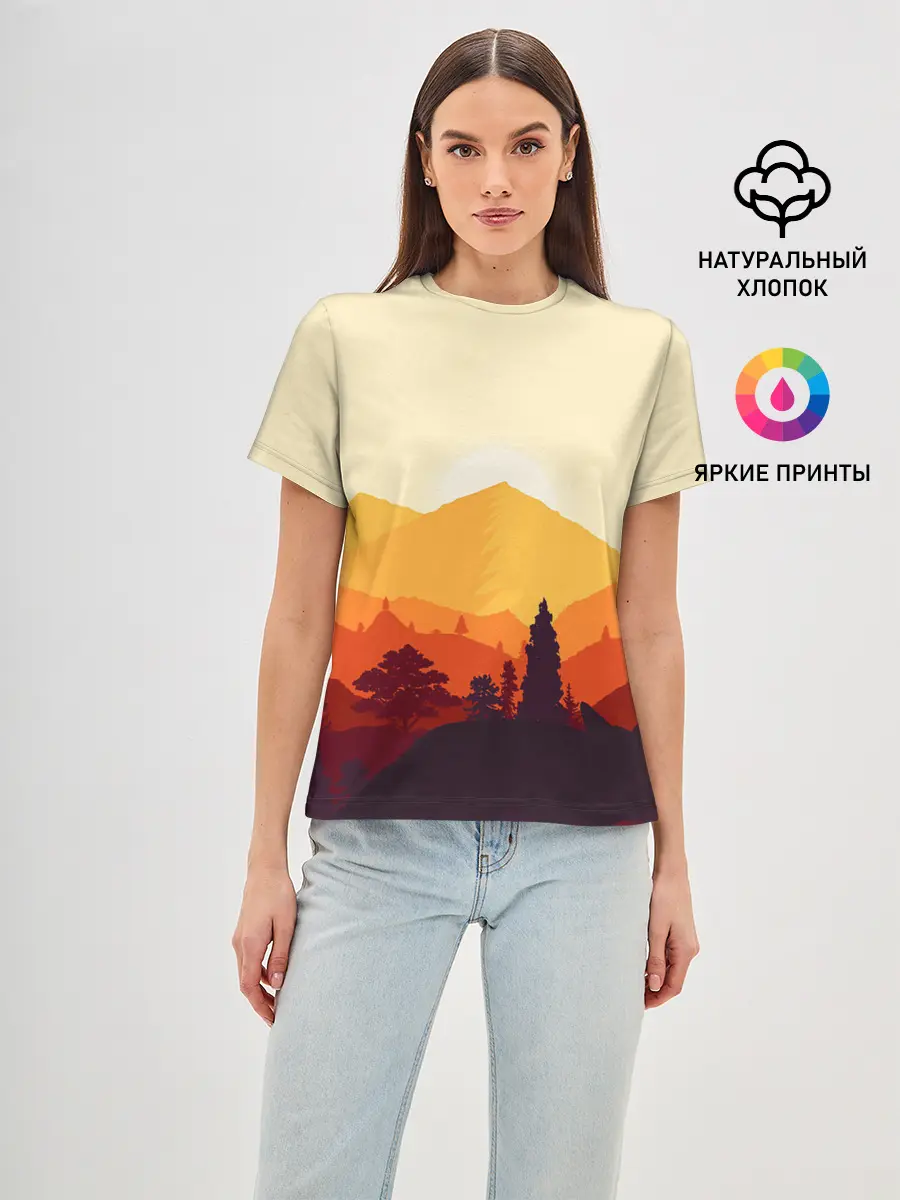 Женская базовая футболка / Горы закат пейзаж лиса арт
