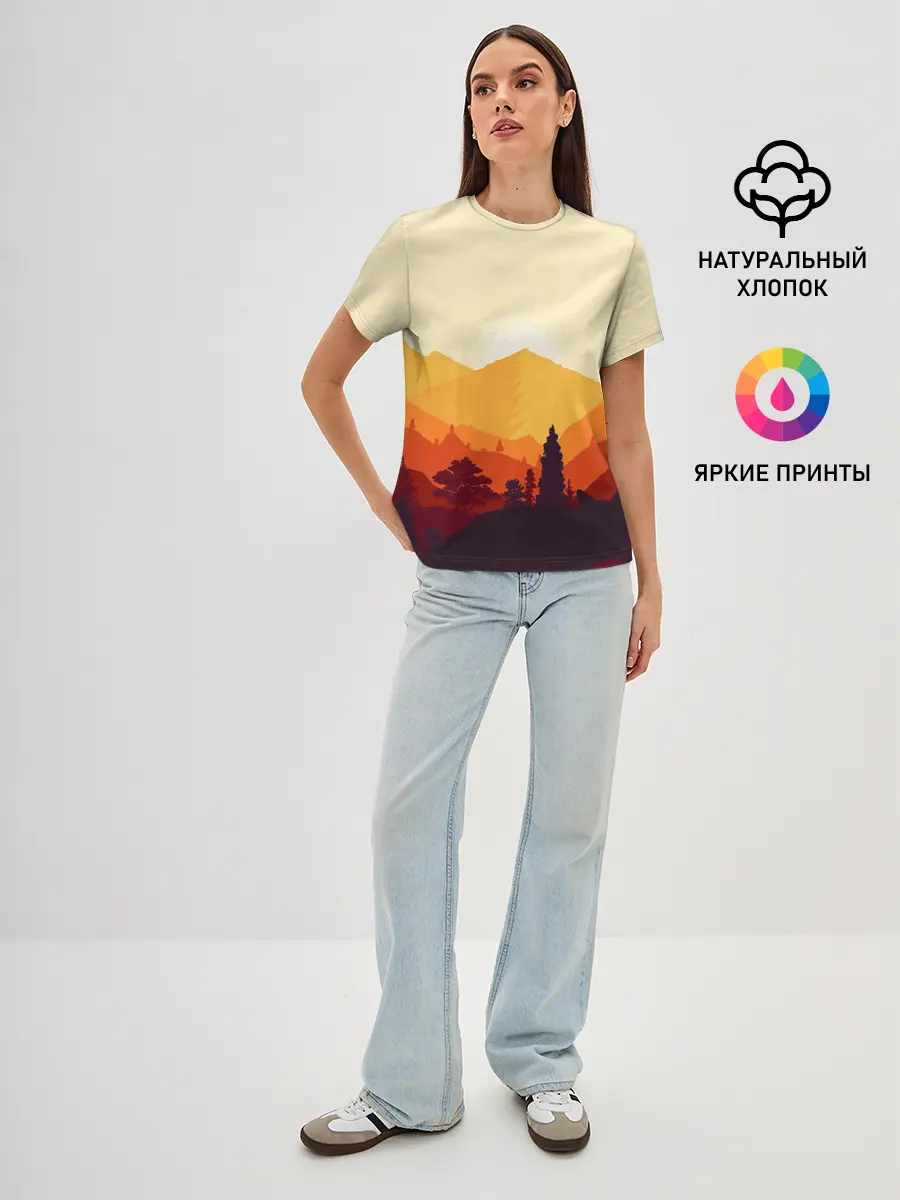 Женская базовая футболка / Горы закат пейзаж лиса арт