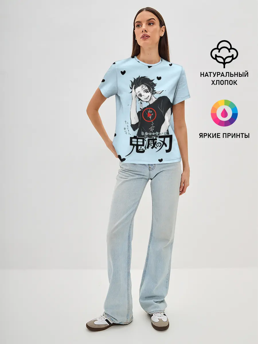 Женская базовая футболка / Танджиро Камадо черные сердечки