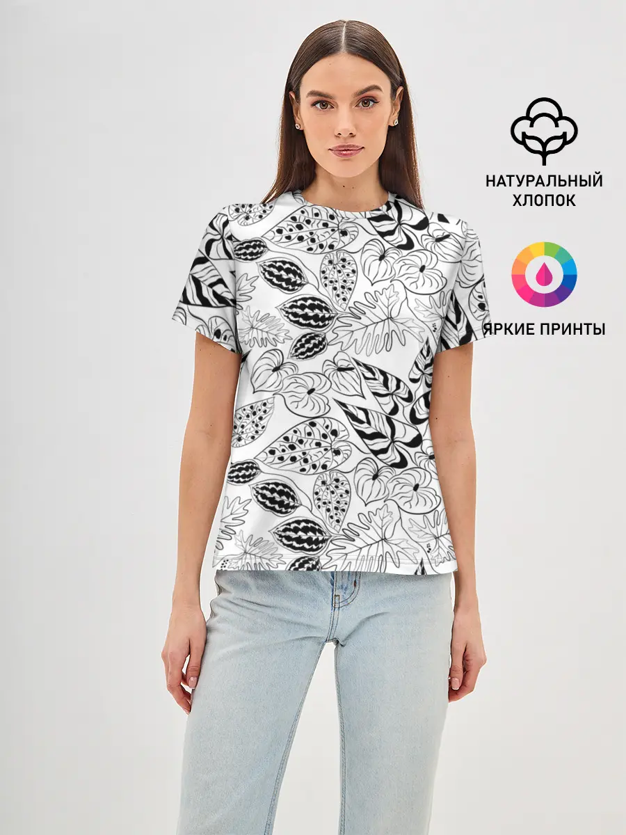 Женская базовая футболка / Черно-белый узор Тропики