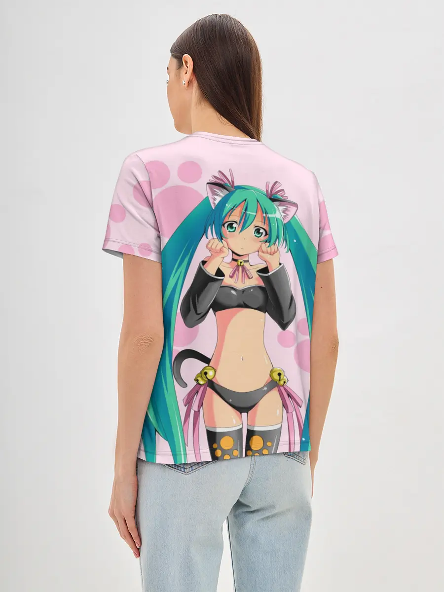 Женская базовая футболка / Хатсуне Мику на розовом фоне