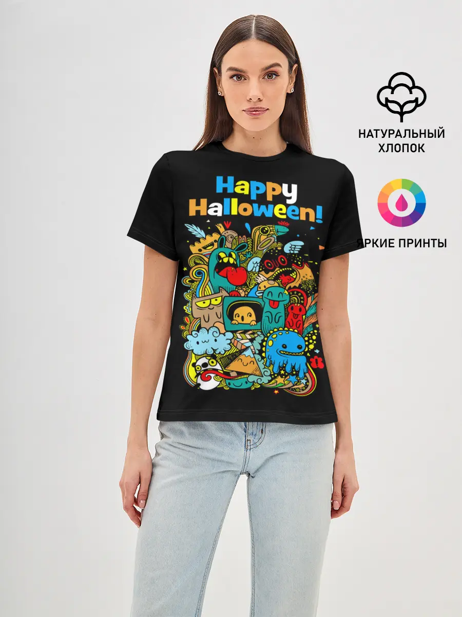 Женская базовая футболка / Монстры празднуют Хеллоуин