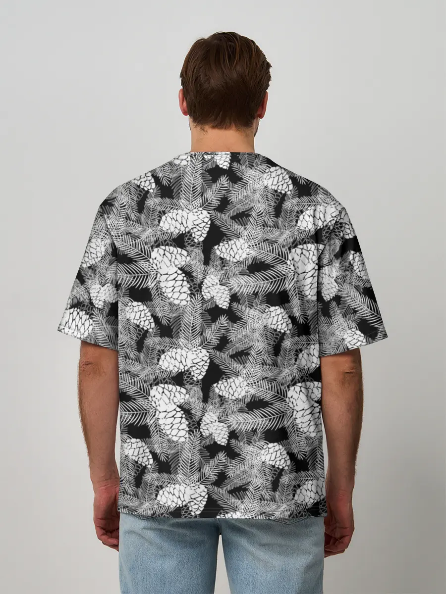 Мужская футболка оверсайз / Черно-белый узор шишки