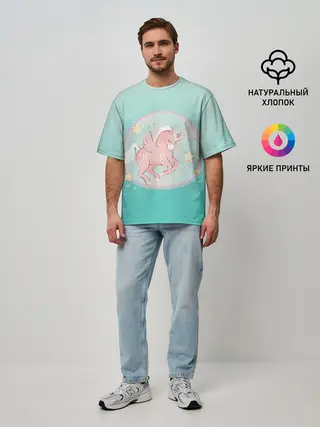 Мужская футболка оверсайз / розовый единорог в небесах