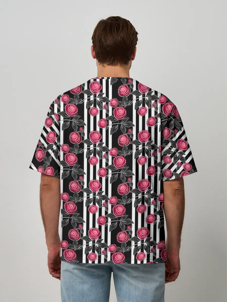 Мужская футболка оверсайз / акварельные розы на полосатом