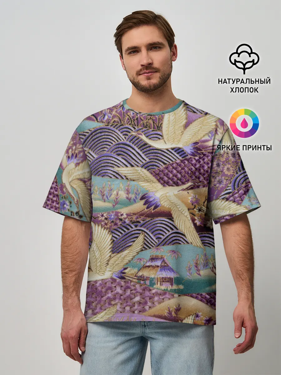 Мужская футболка оверсайз / Японская вышивка с журавлями