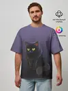 Мужская футболка оверсайз / черный кот на фиолетовом