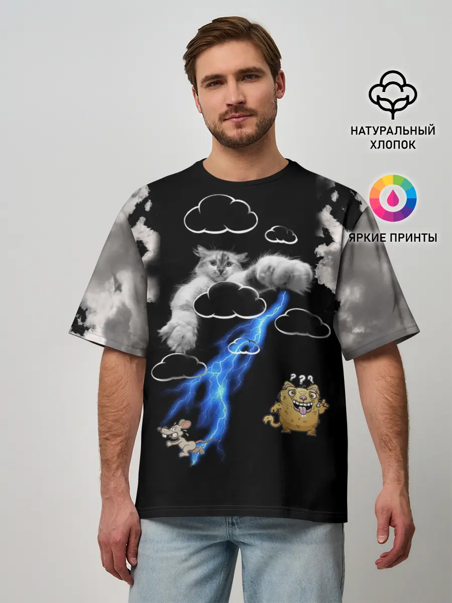 Мужская футболка оверсайз / Грозовой, кошак