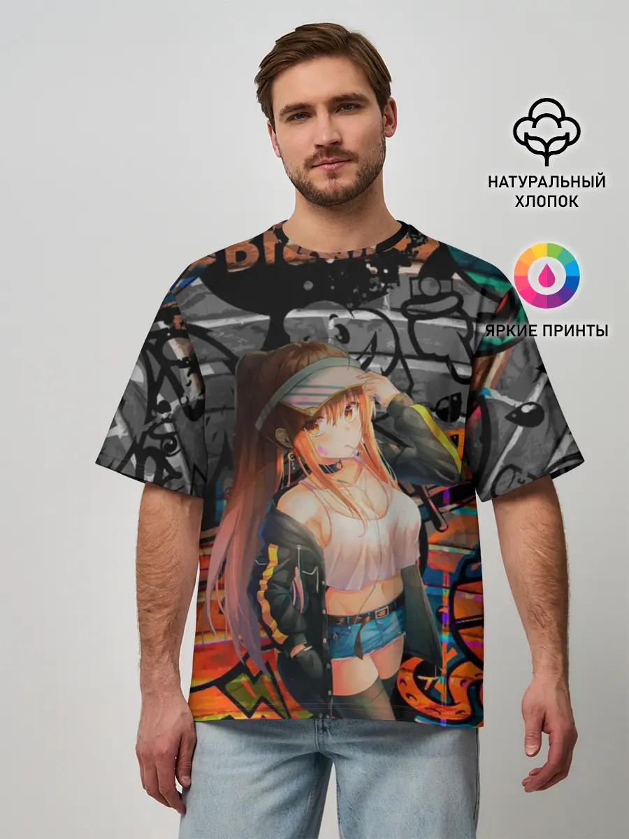 Мужская футболка оверсайз / Anime Girl with Graffiti