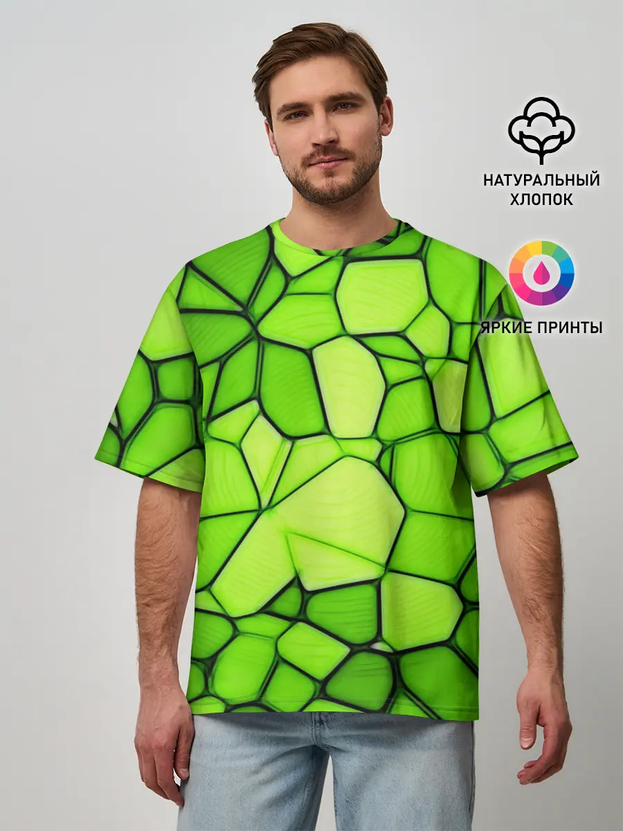 Мужская футболка оверсайз / Зеленая мозаика
