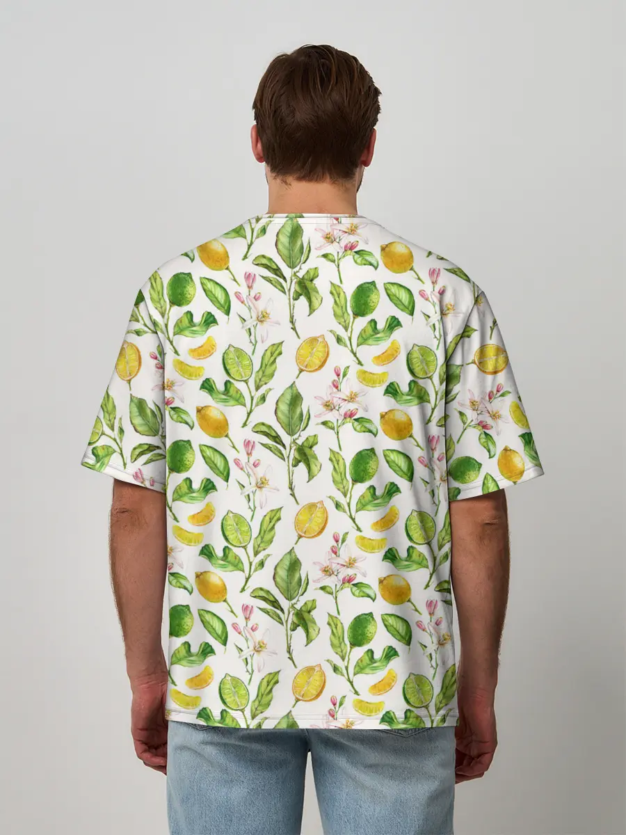 Мужская футболка оверсайз / Летний узор лимон ветки листья