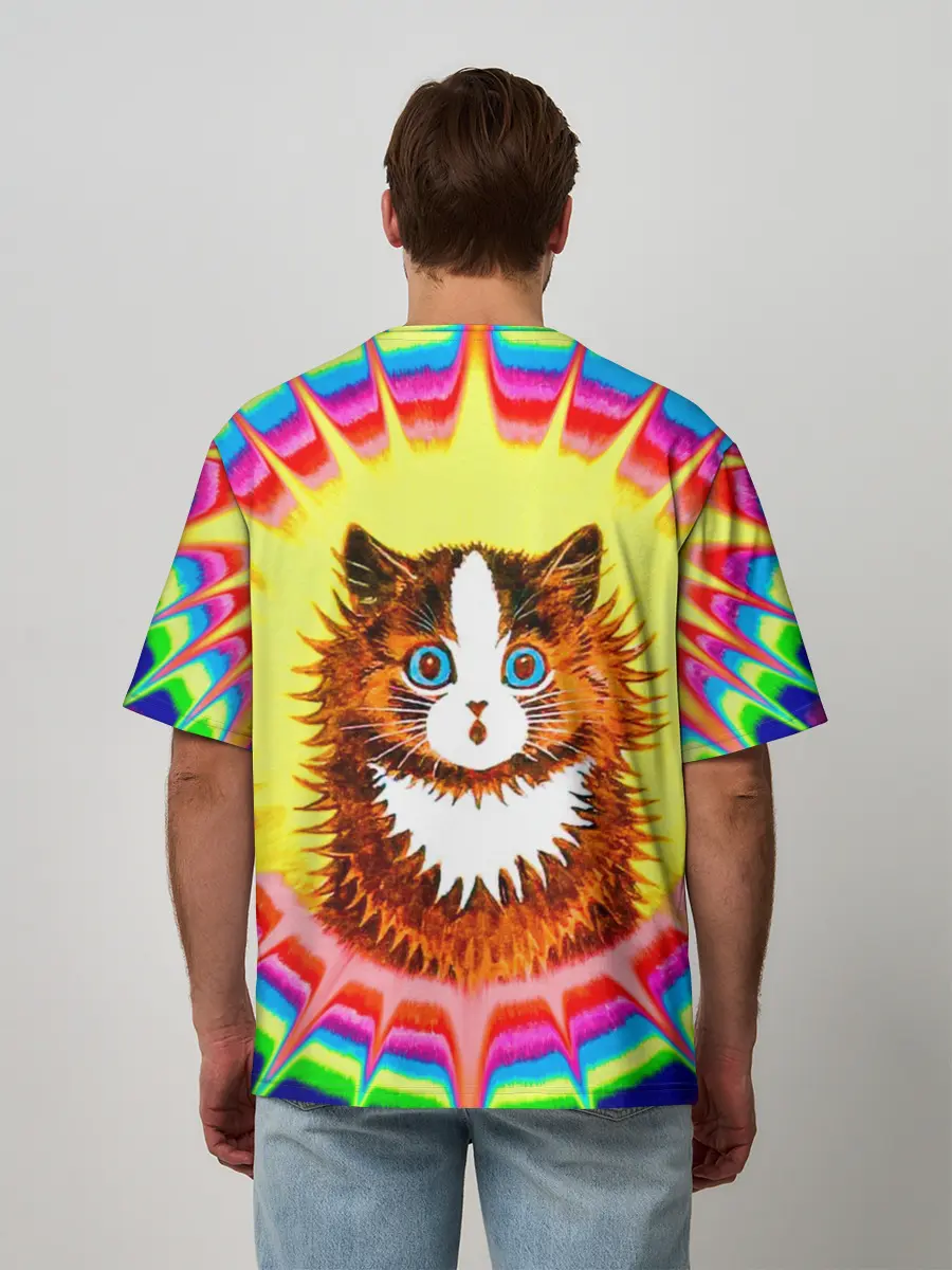 Мужская футболка оверсайз / Psychedelic Rainbow Cat