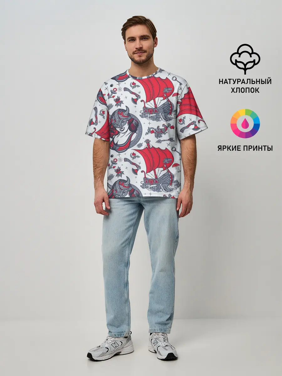 Мужская футболка оверсайз / Корабли и девушка викинг