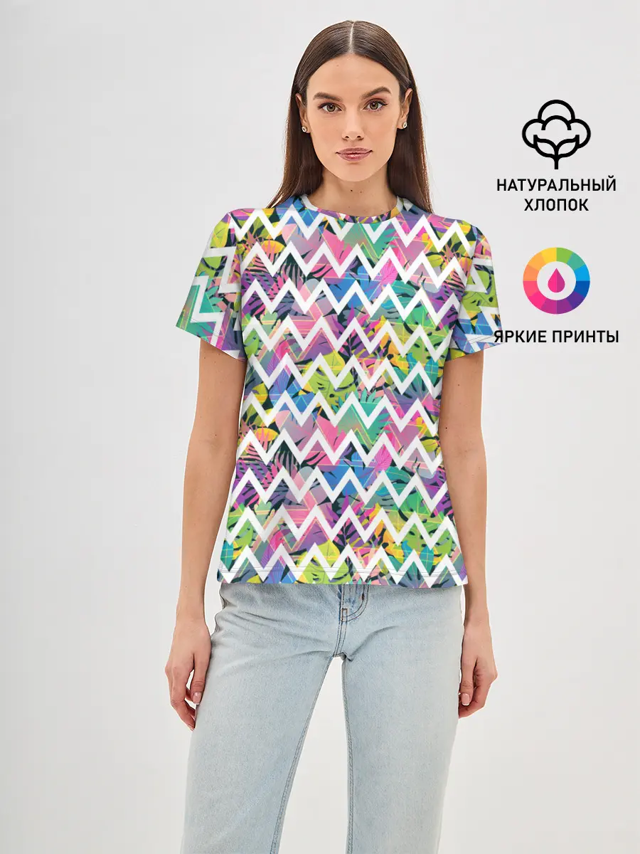 Женская базовая футболка / Кривая линия и цветы