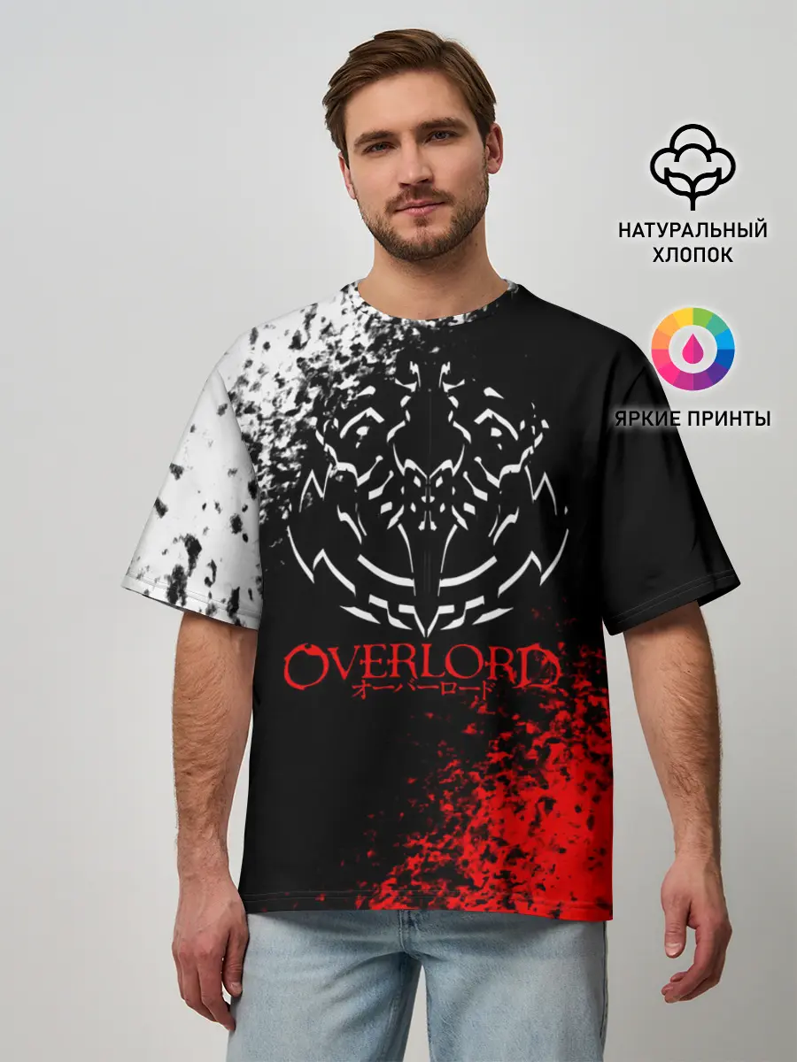 Мужская футболка оверсайз / Оверлорд лого краснобелый