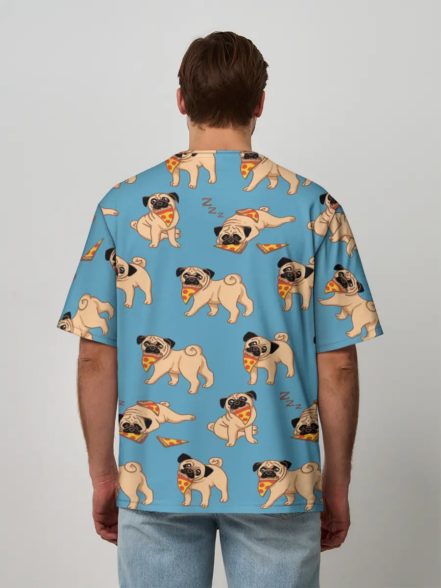 Мужская футболка оверсайз / Мопсы с пиццей