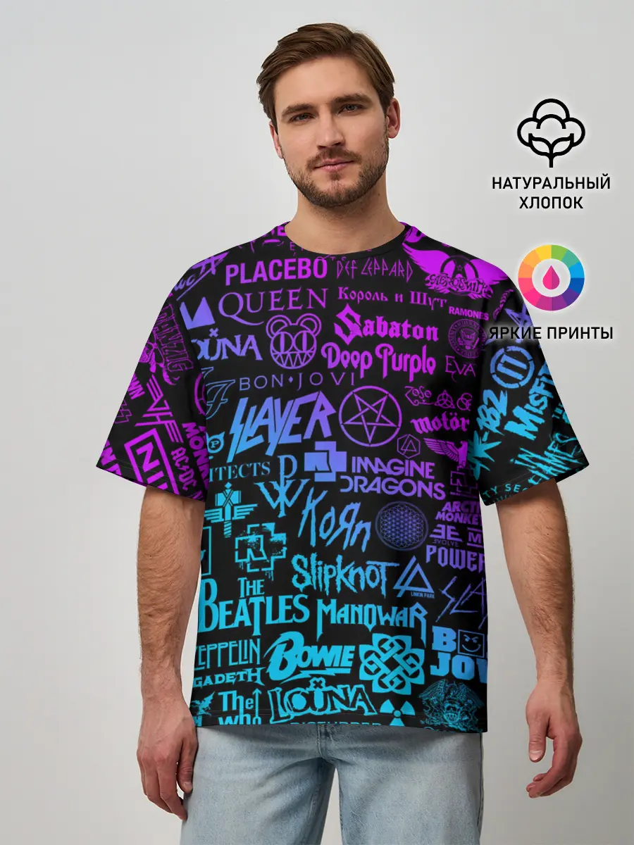 Мужская футболка оверсайз / ЛОГОТИПЫ РОК ГРУПП