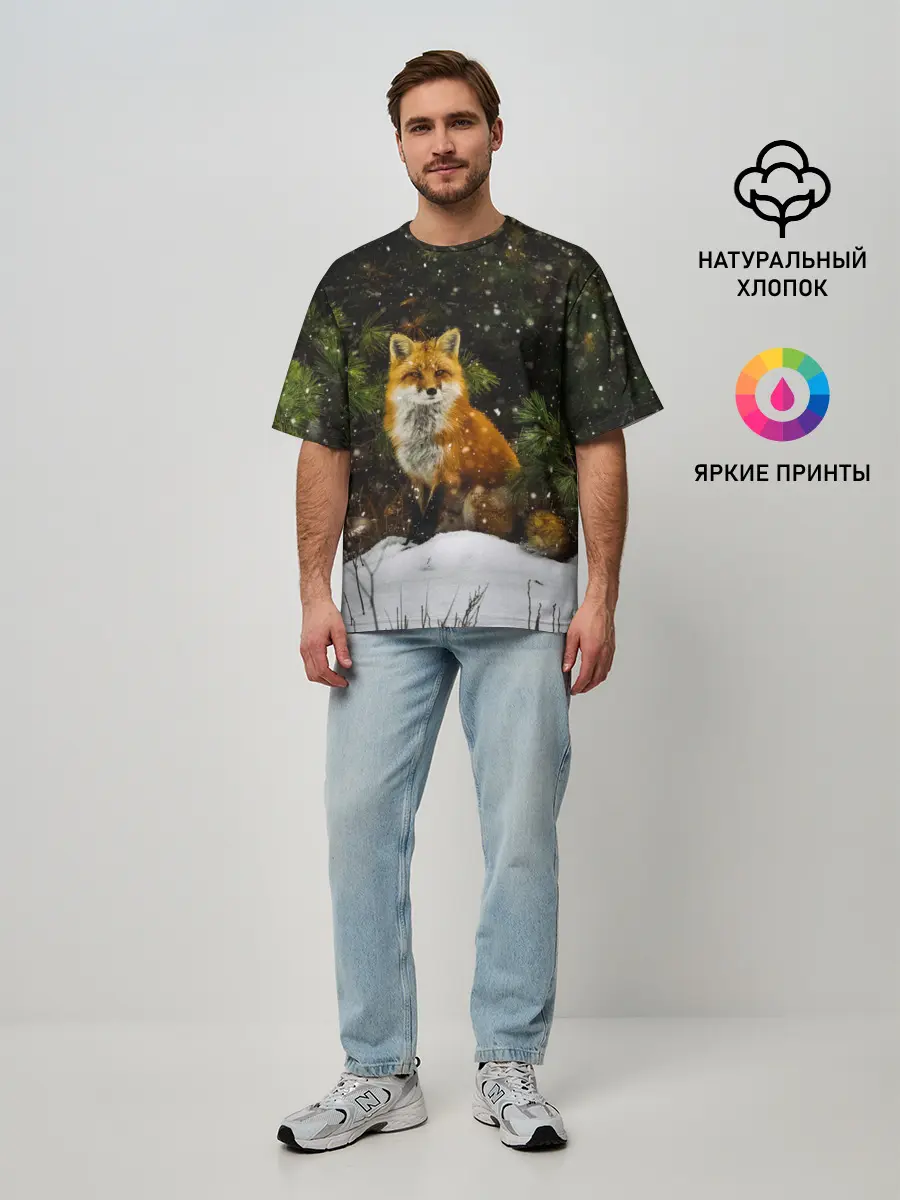Мужская футболка оверсайз / Лиса и снег