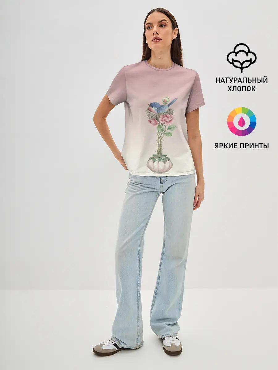 Женская базовая футболка / Птичка в гнезде роза