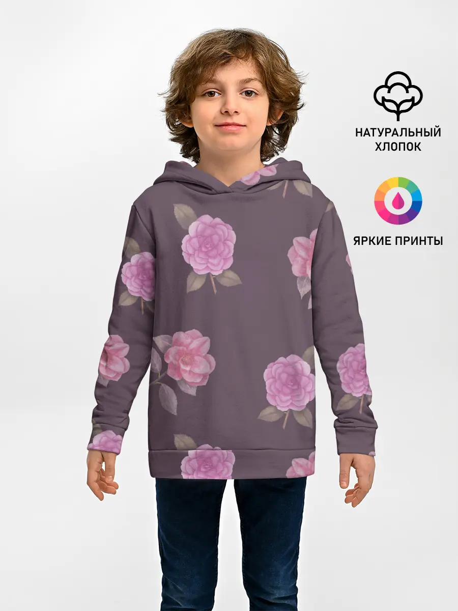 Детское худи / Камелии на вишневом фоне