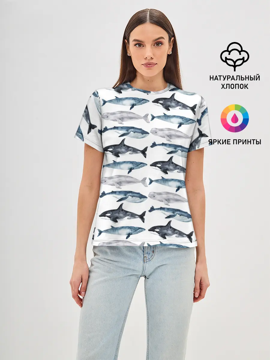 Женская базовая футболка / принт с китами