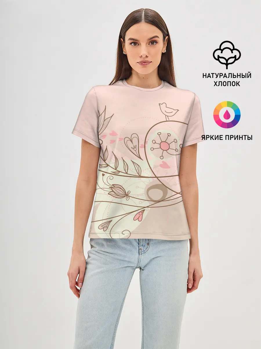 Женская базовая футболка / Летний узор цветы птичка