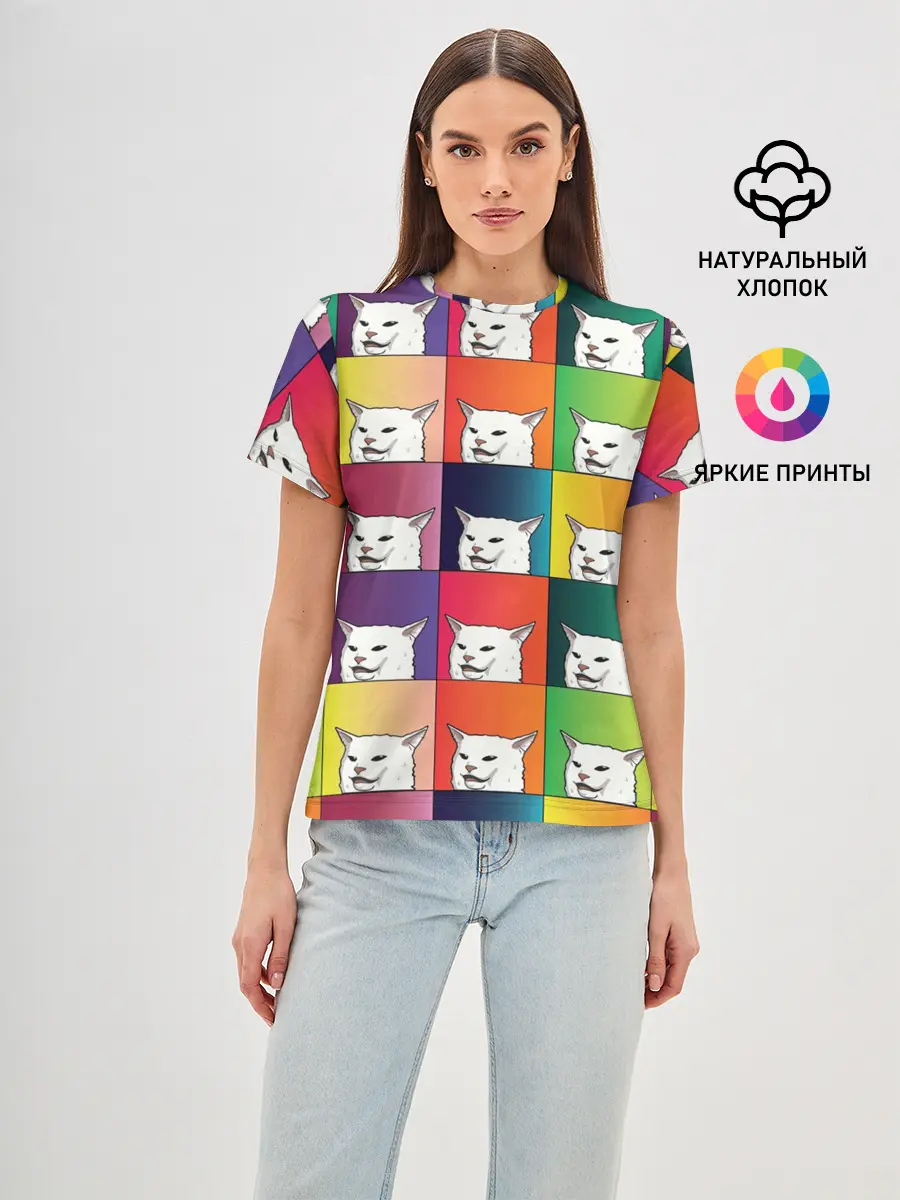 Женская базовая футболка / Woman Yelling at Cat