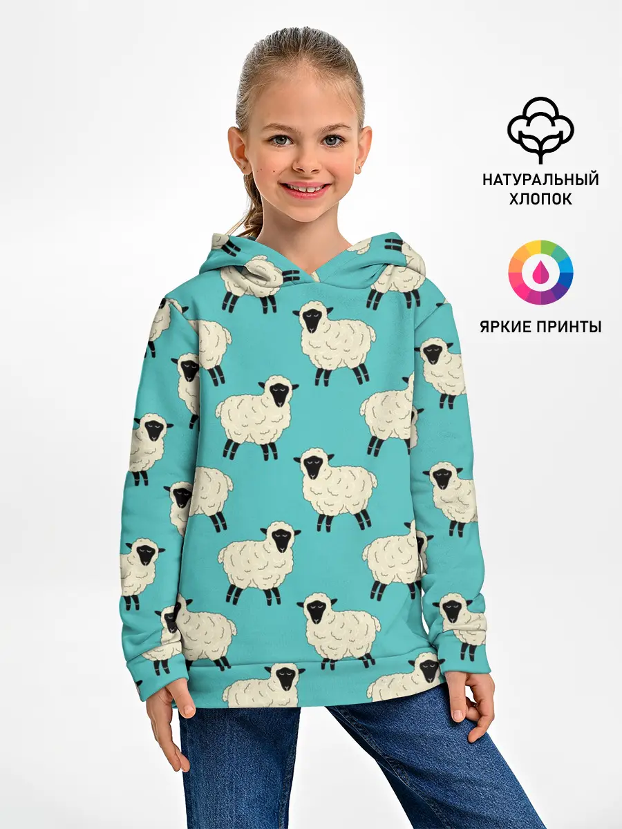 Детское худи / Овечки паттерн на бирюзовом