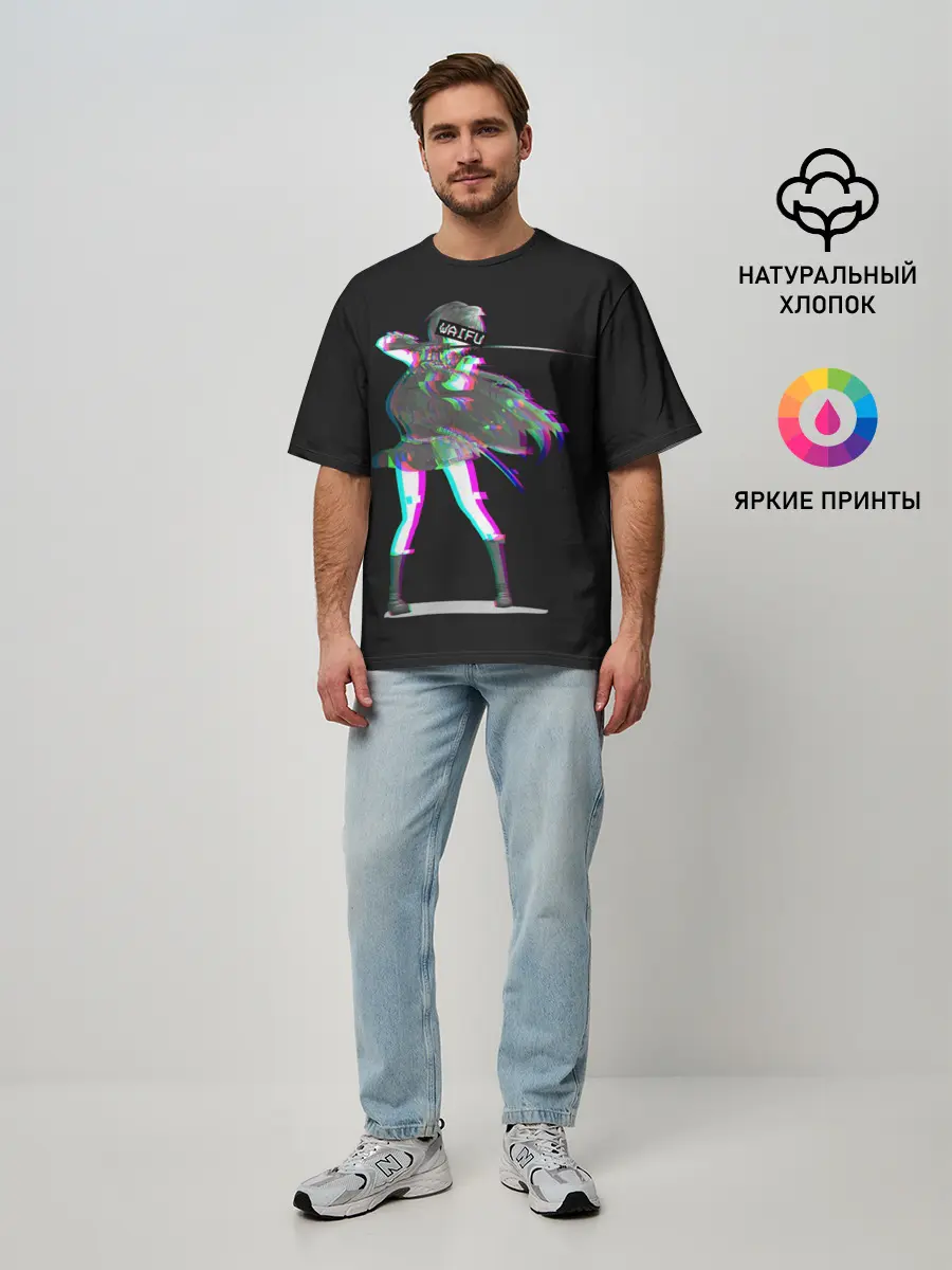 Мужская футболка оверсайз / Акаме Глитч на черном