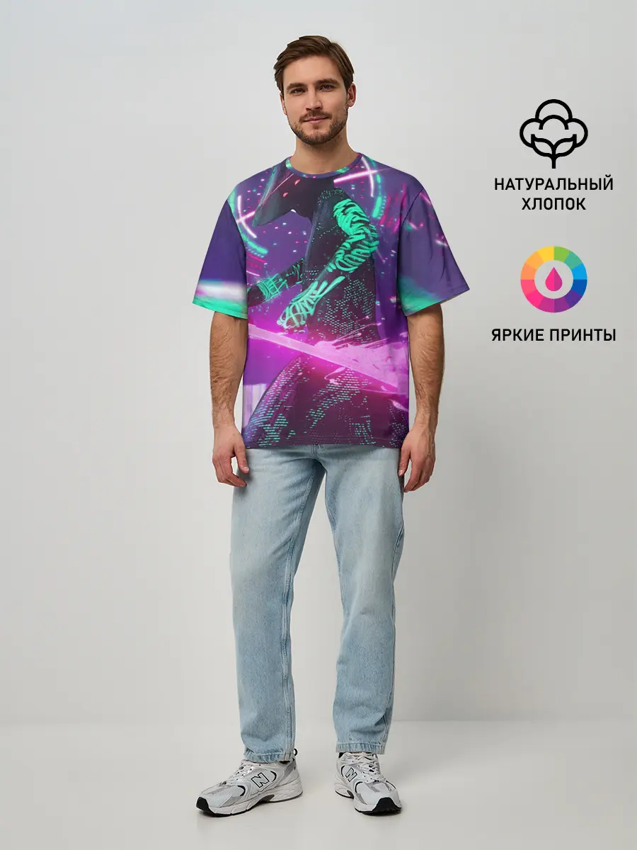 Мужская футболка оверсайз / Неоновый Самурай