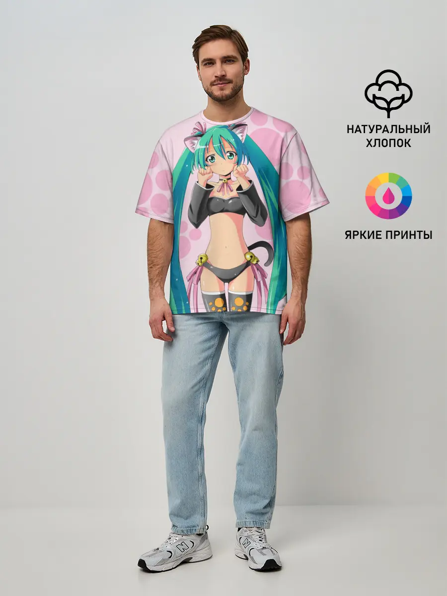 Мужская футболка оверсайз / Хатсуне Мику на розовом фоне