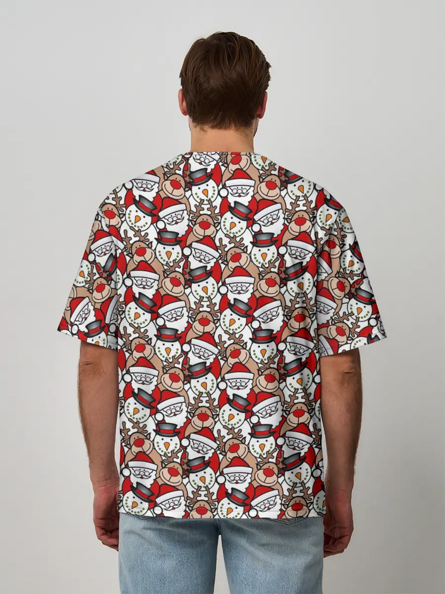 Мужская футболка оверсайз / Дед Мороз, Снеговик, Олень