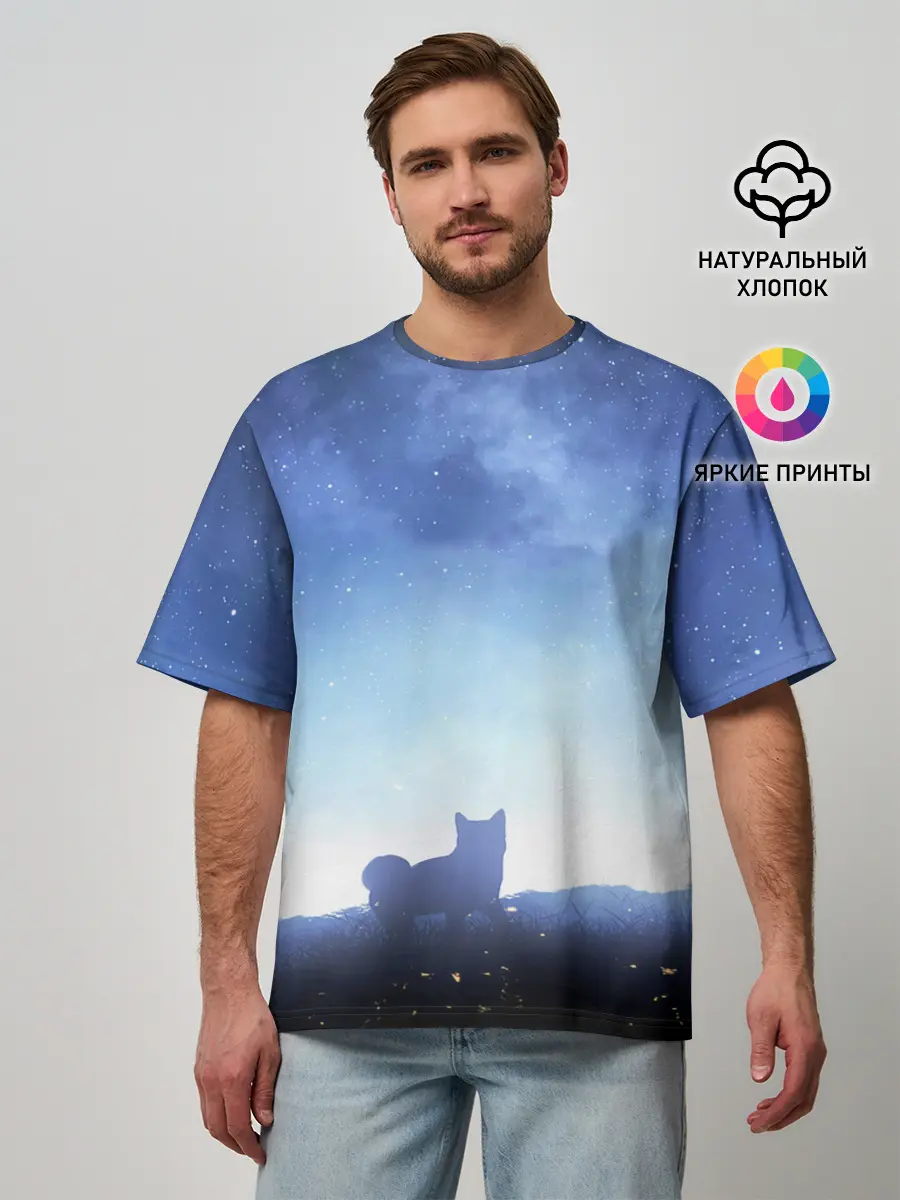 Мужская футболка оверсайз / силуэт корги ночь космос дымка