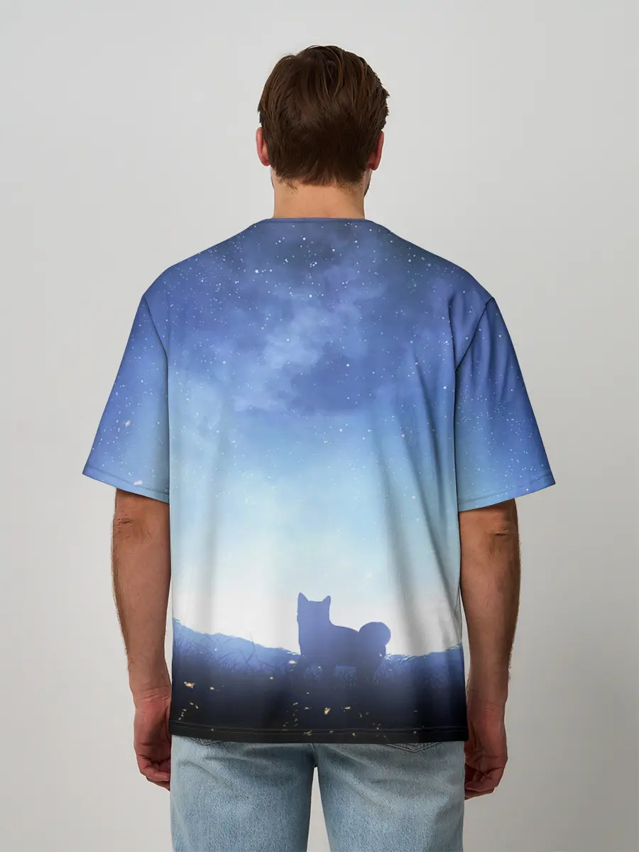 Мужская футболка оверсайз / силуэт корги ночь космос дымка
