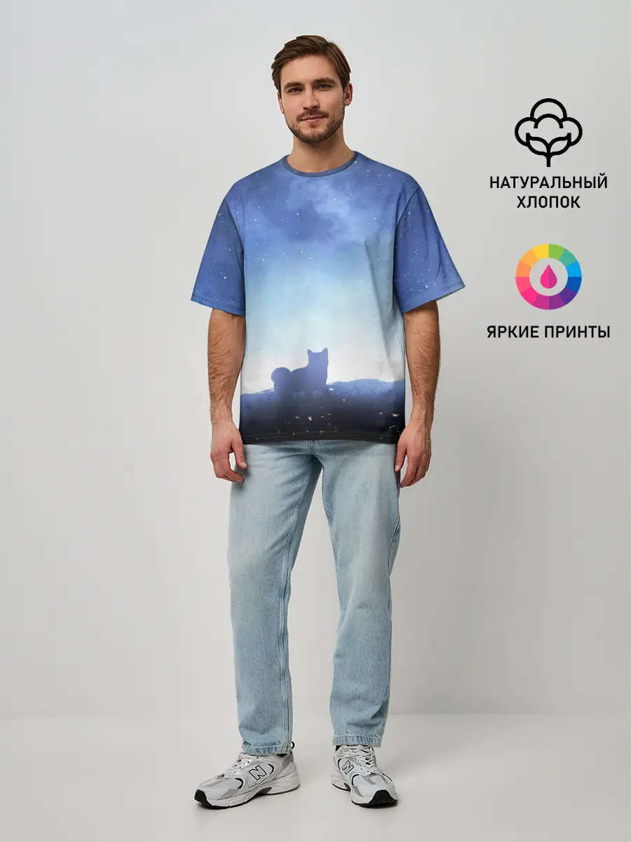 Мужская футболка оверсайз / силуэт корги ночь космос дымка