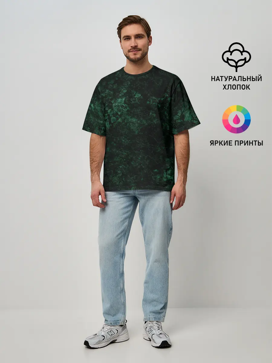 Мужская футболка оверсайз / Темно-зеленый мраморный узор