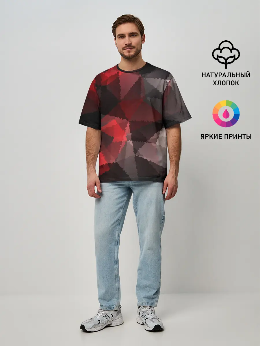 Мужская футболка оверсайз / Серо-красная абстракция