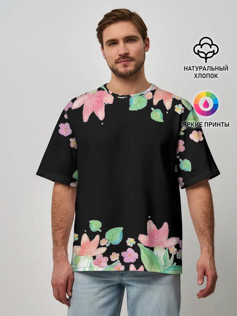 Мужская футболка оверсайз / Рамка из розовых и зеленых листьев