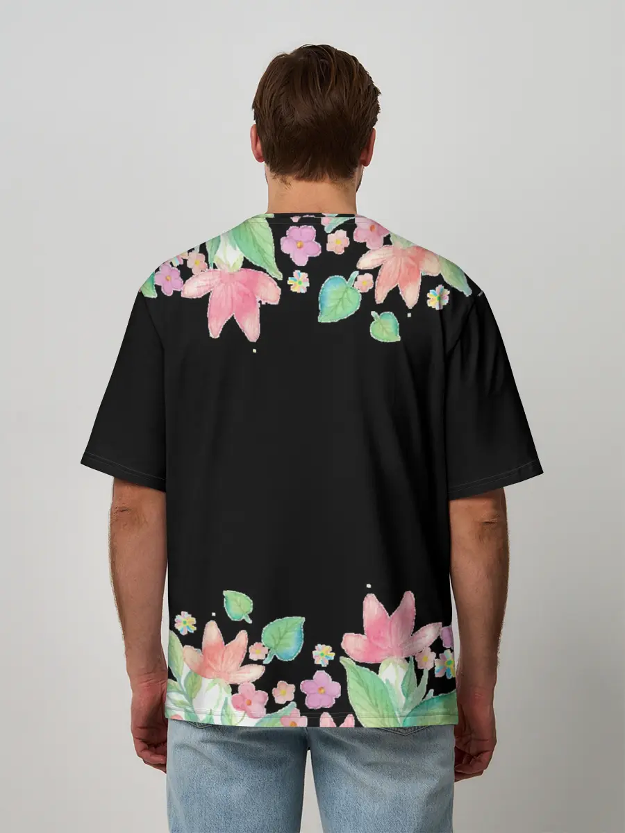 Мужская футболка оверсайз / Рамка из розовых и зеленых листьев