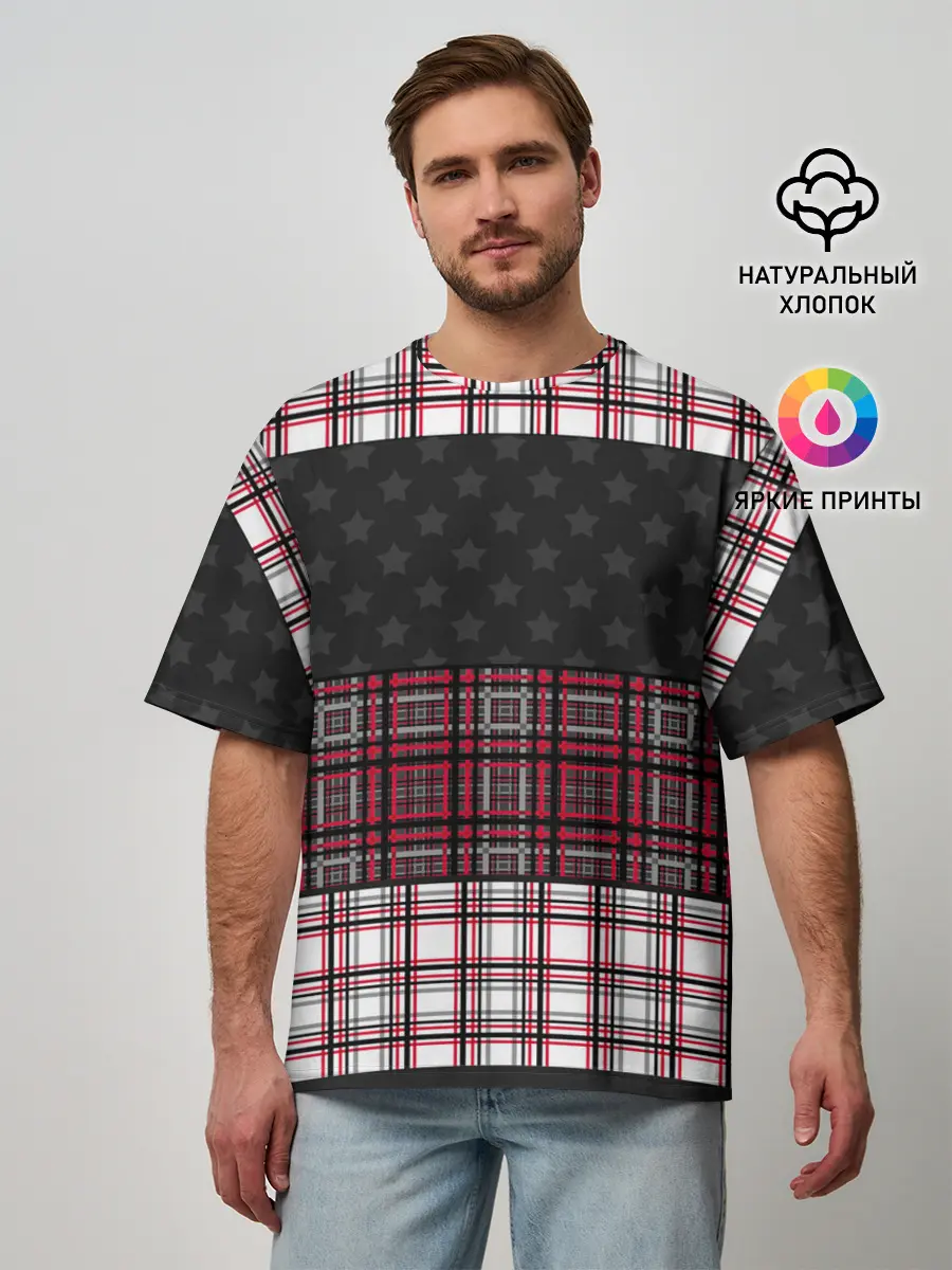 Мужская футболка оверсайз / Комбинированный красно-серый