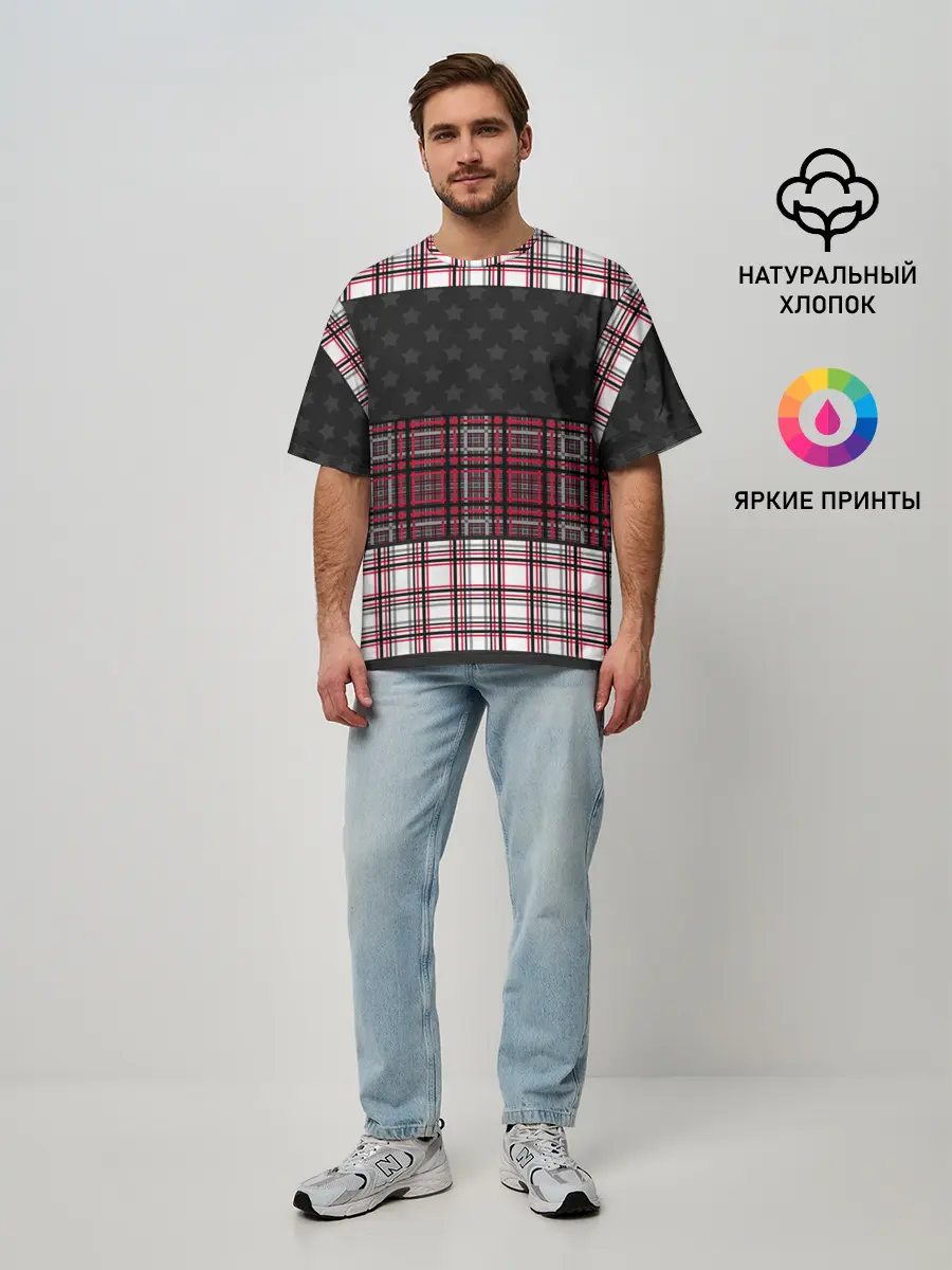 Мужская футболка оверсайз / Комбинированный красно-серый