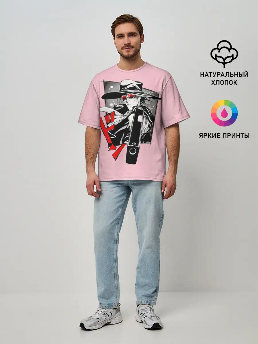 Мужская футболка оверсайз / Алукард на розовом фоне