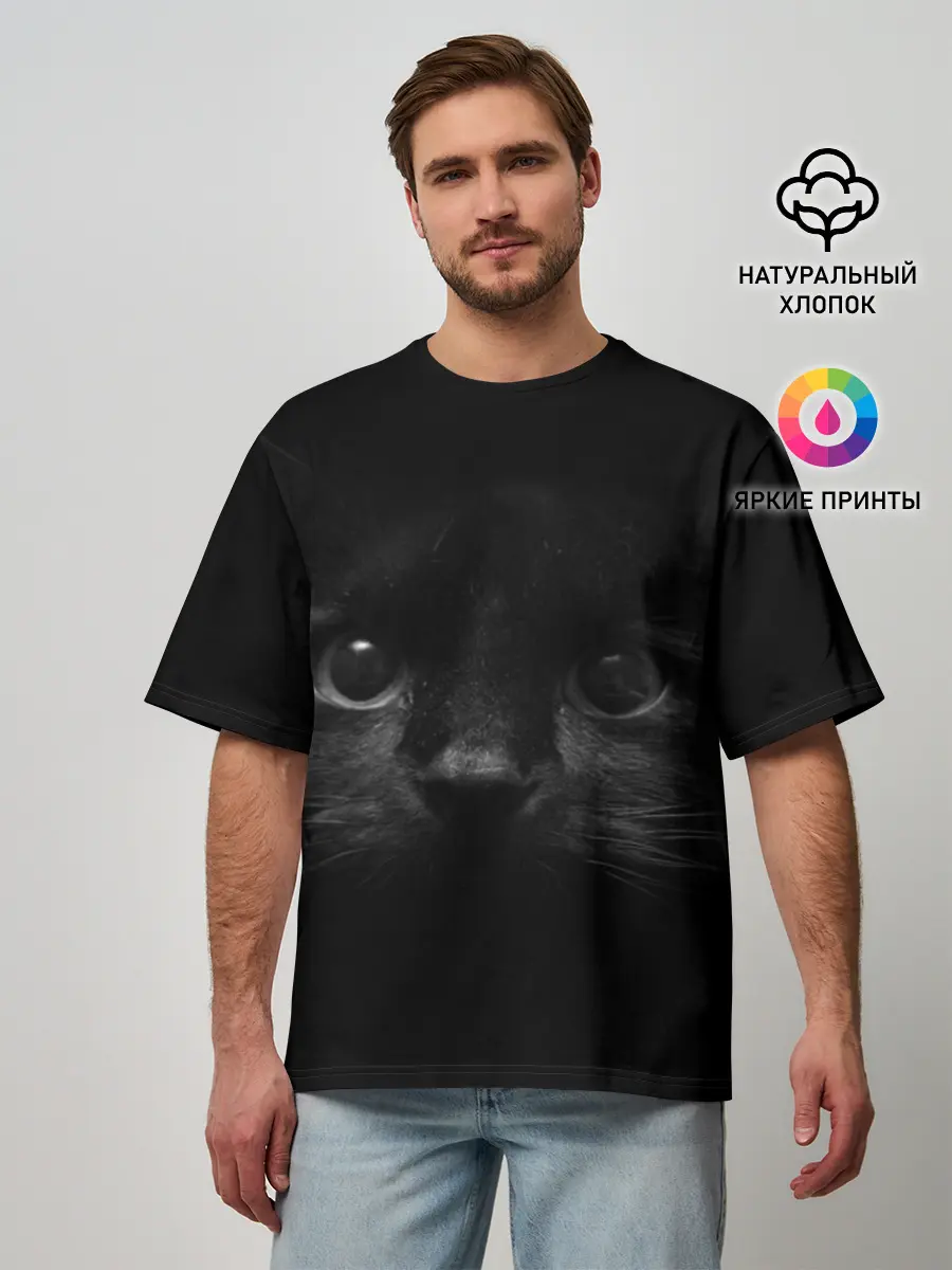 Мужская футболка оверсайз / Чёрный кот