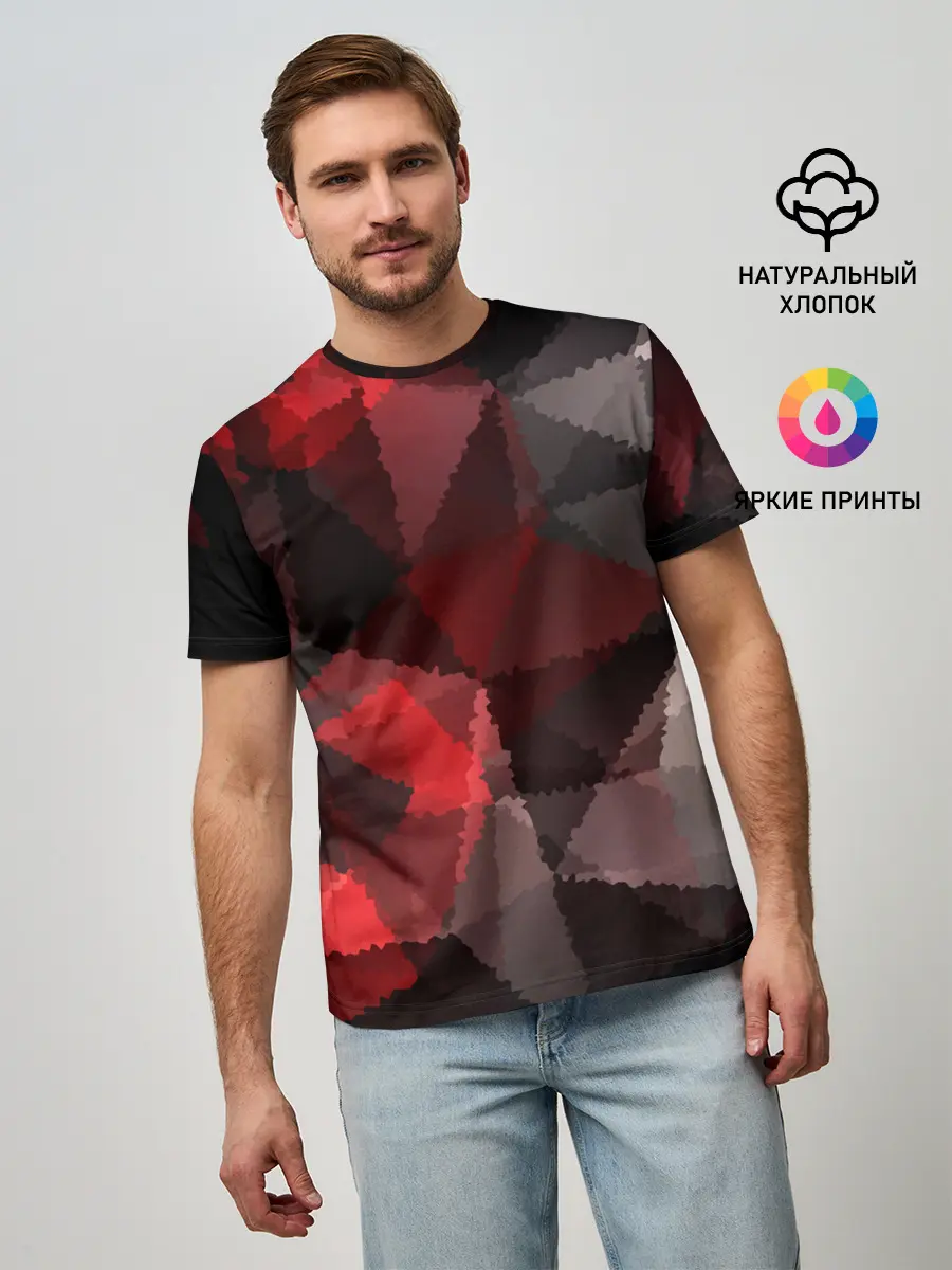Мужская базовая футболка / Серо-красная абстракция