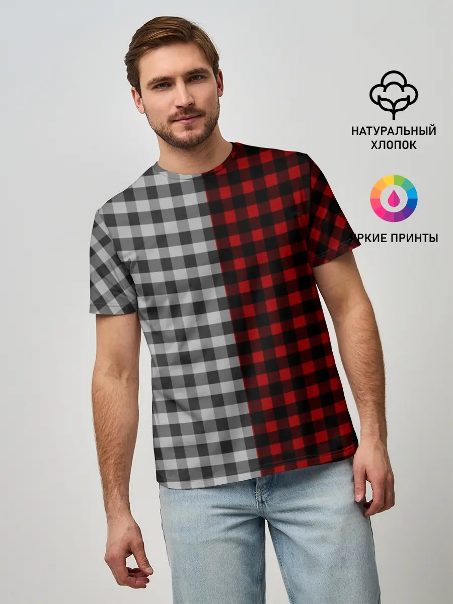 Мужская базовая футболка / Красно белая рубашка в клетку